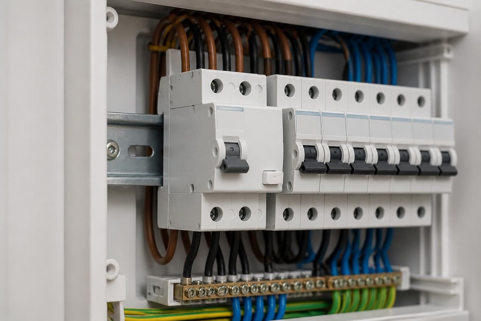 Gros plan d’un dispositif de protection différentiel installé dans un tableau électrique résidentiel européen