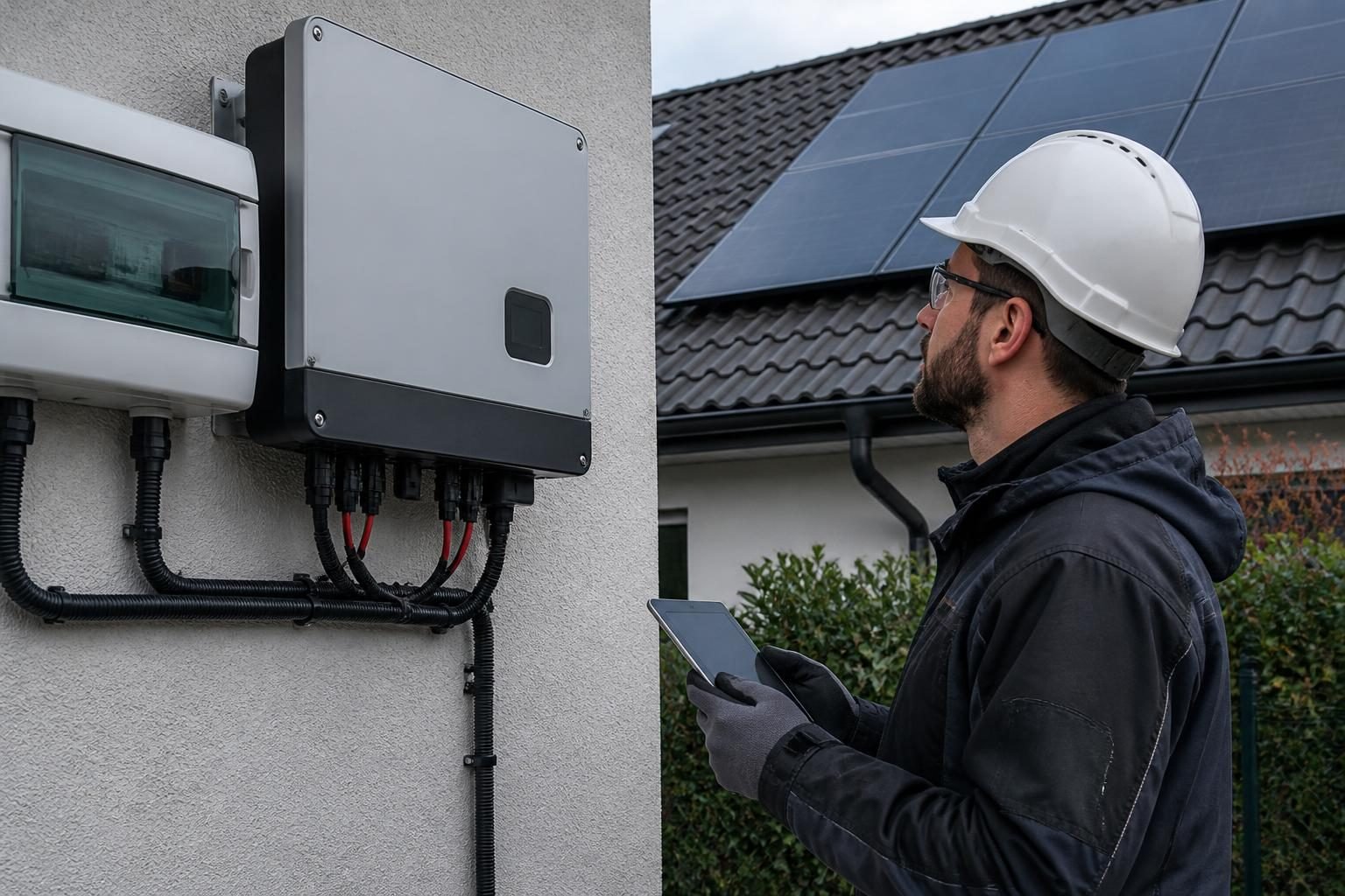 Électricien vérifiant la partie en courant continu d’une installation photovoltaïque résidentielle en Belgique