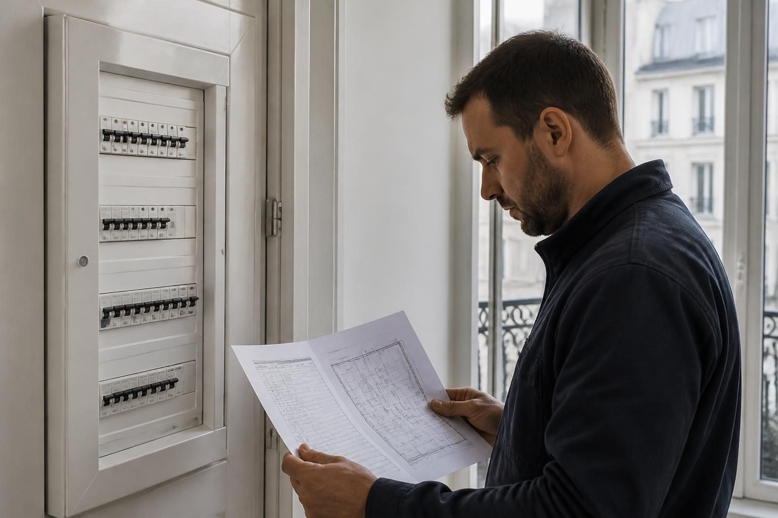 Électricien analysant un rapport de contrôle et les schémas d’une installation électrique à Bruxelles