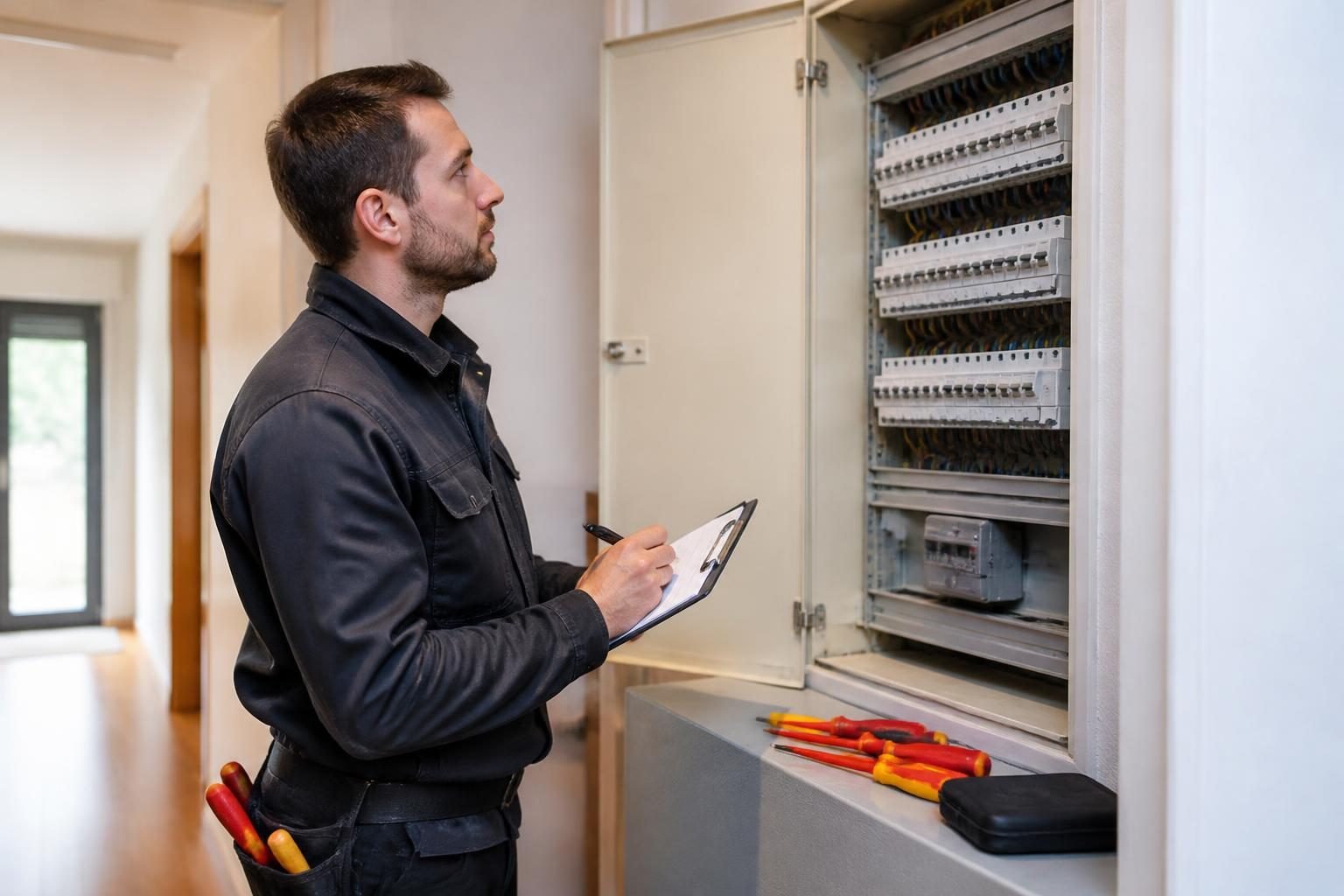 Électricien vérifiant un tableau électrique dans une maison belge avant sa vente