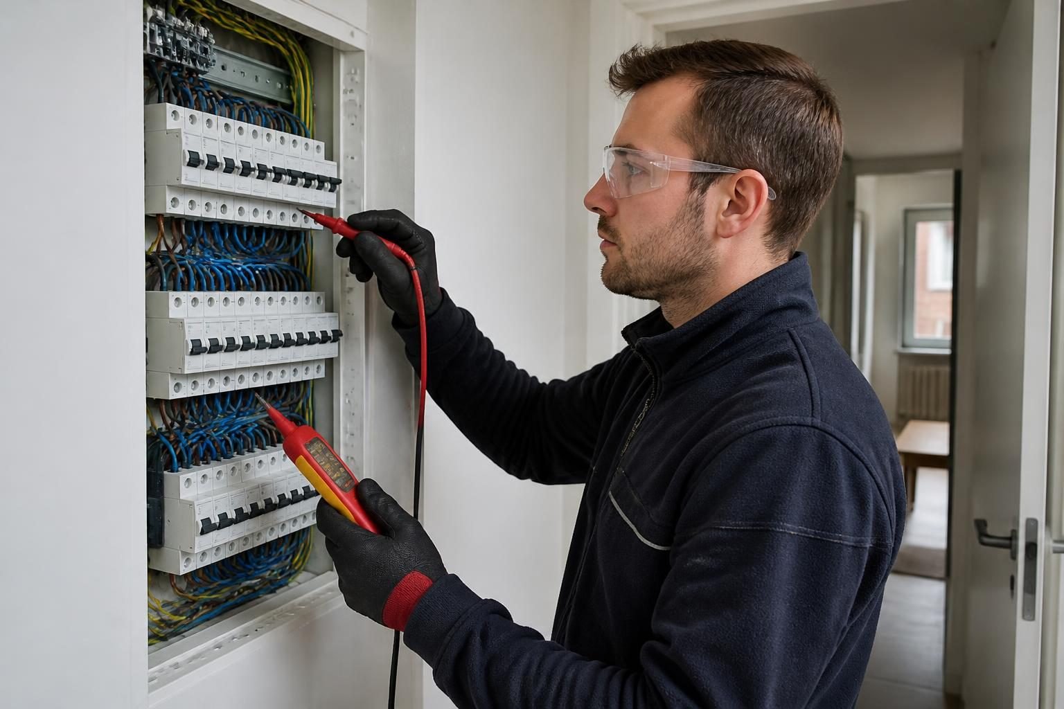 Elektricien controleert een residentieel elektrisch bord vóór een AREI-keuring in België