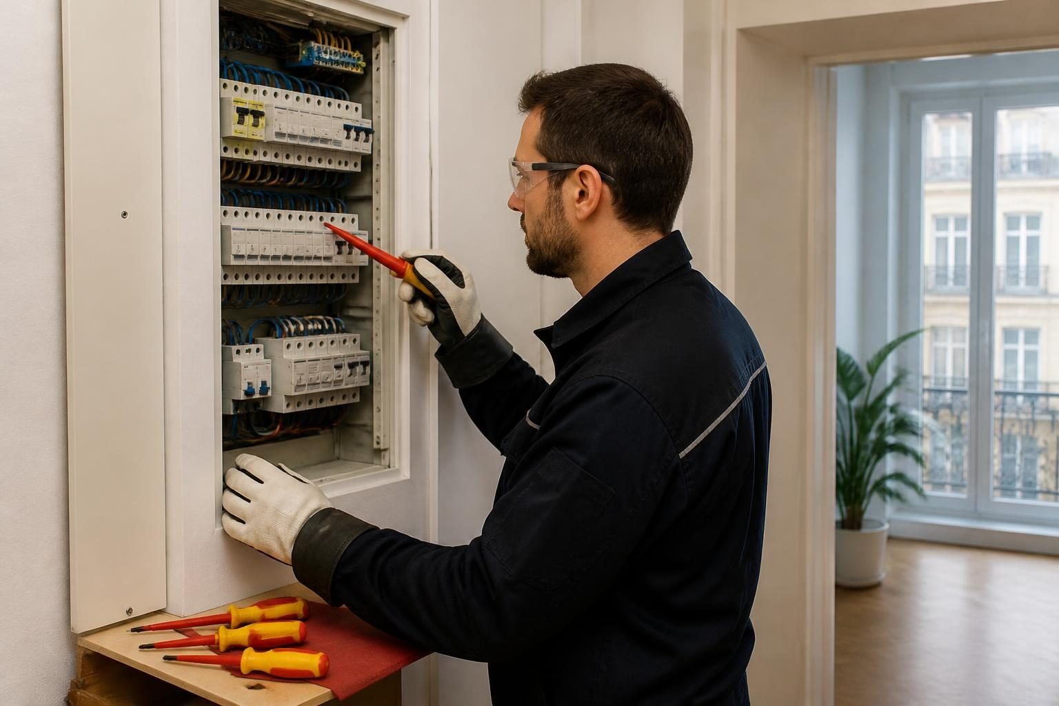 Électricien professionnel inspectant un tableau électrique dans un appartement à Bruxelles