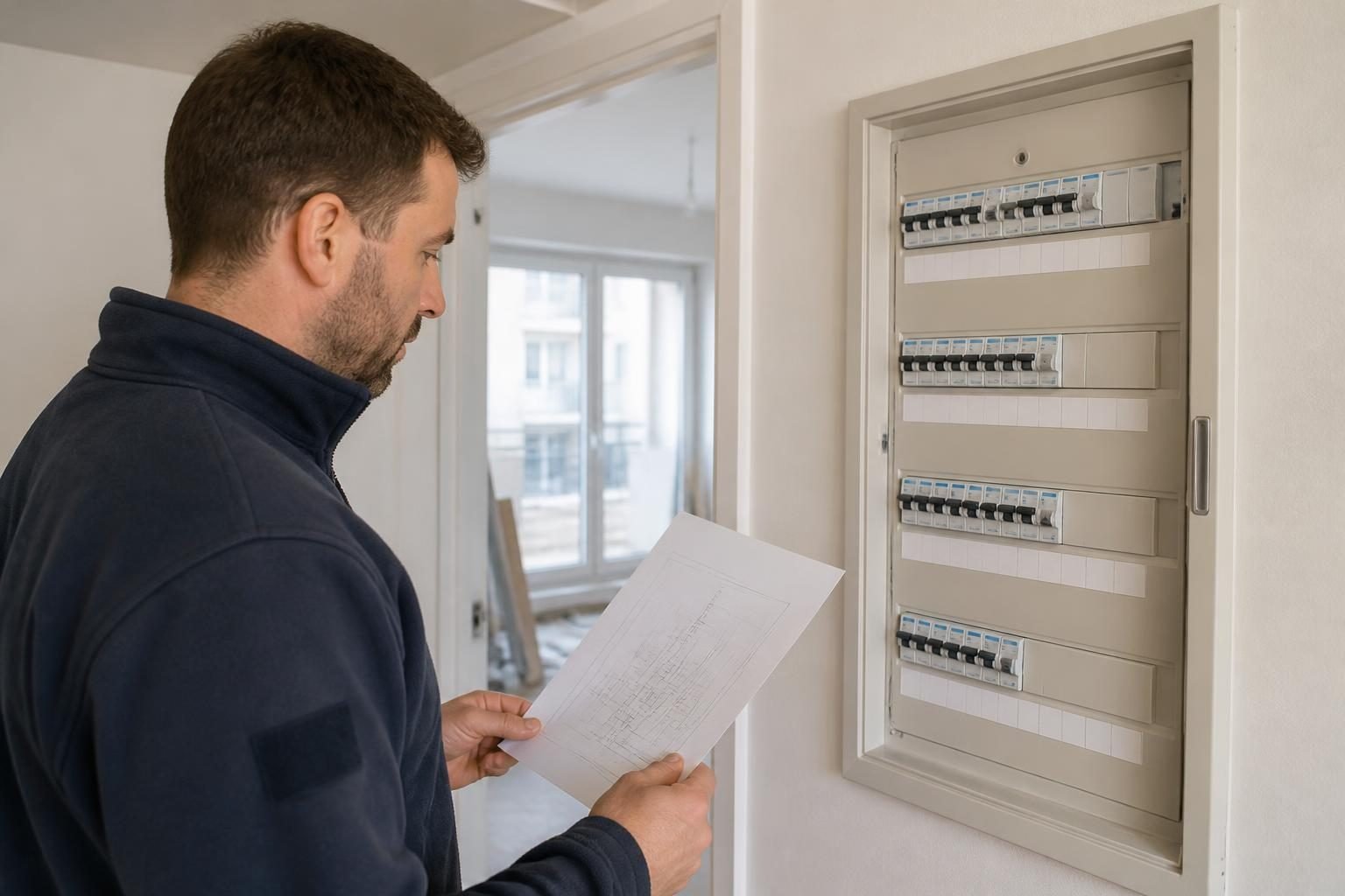 Electrician care examinează o schemă unifilară lângă un tablou electric rezidențial în Belgia