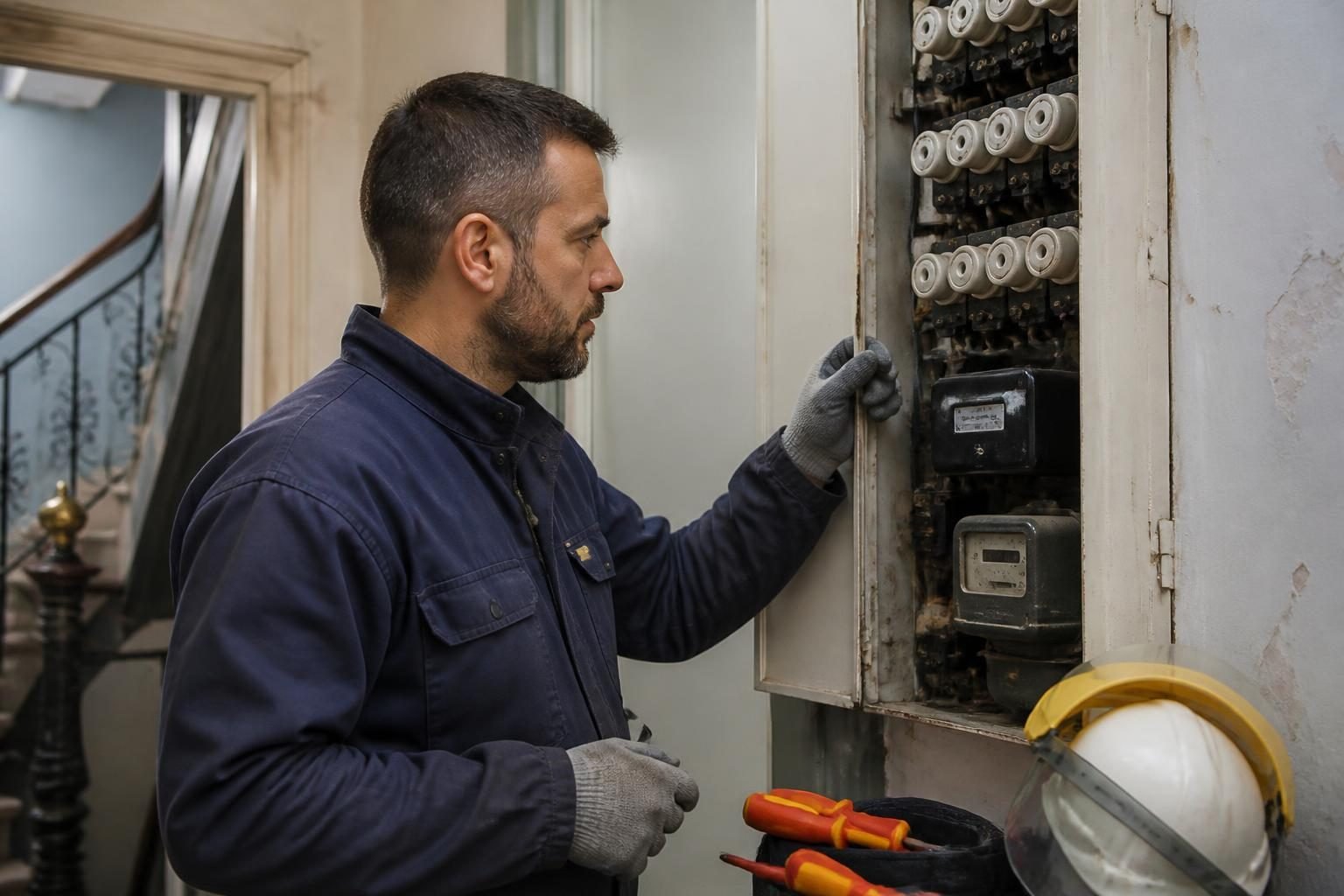 Électricien examinant un ancien tableau électrique dans une habitation bruxelloise