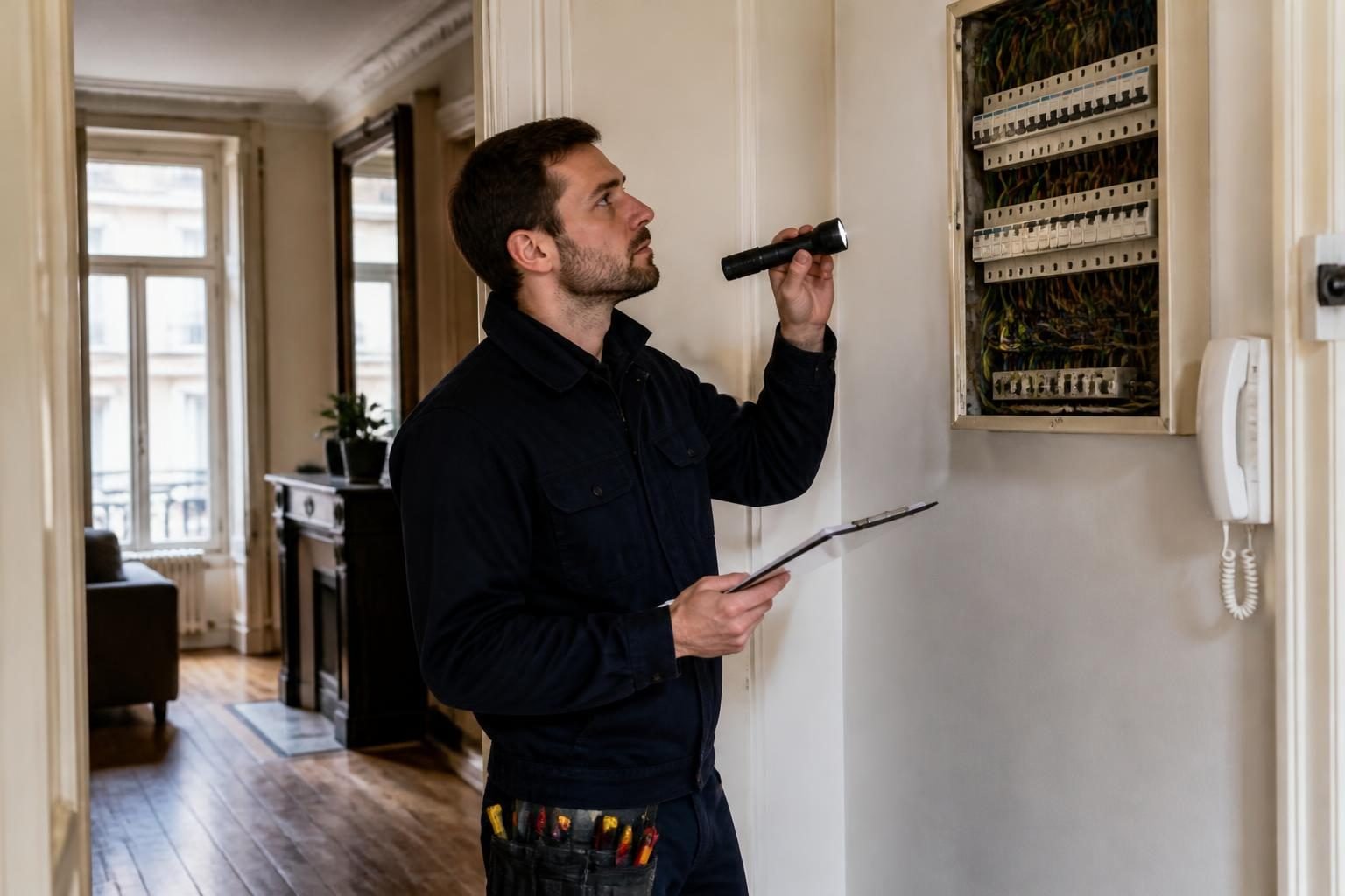 Électricien examinant l’installation électrique d’un appartement ancien à Bruxelles