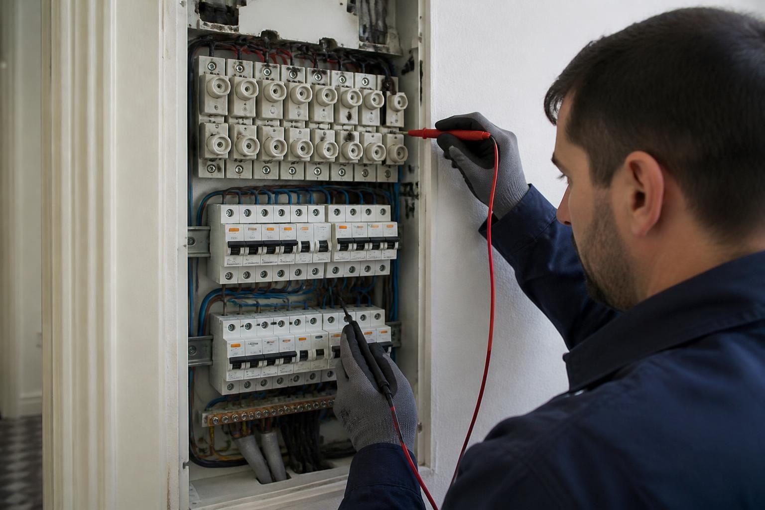 Inspection professionnelle d’un ancien coffret électrique dans une habitation belge