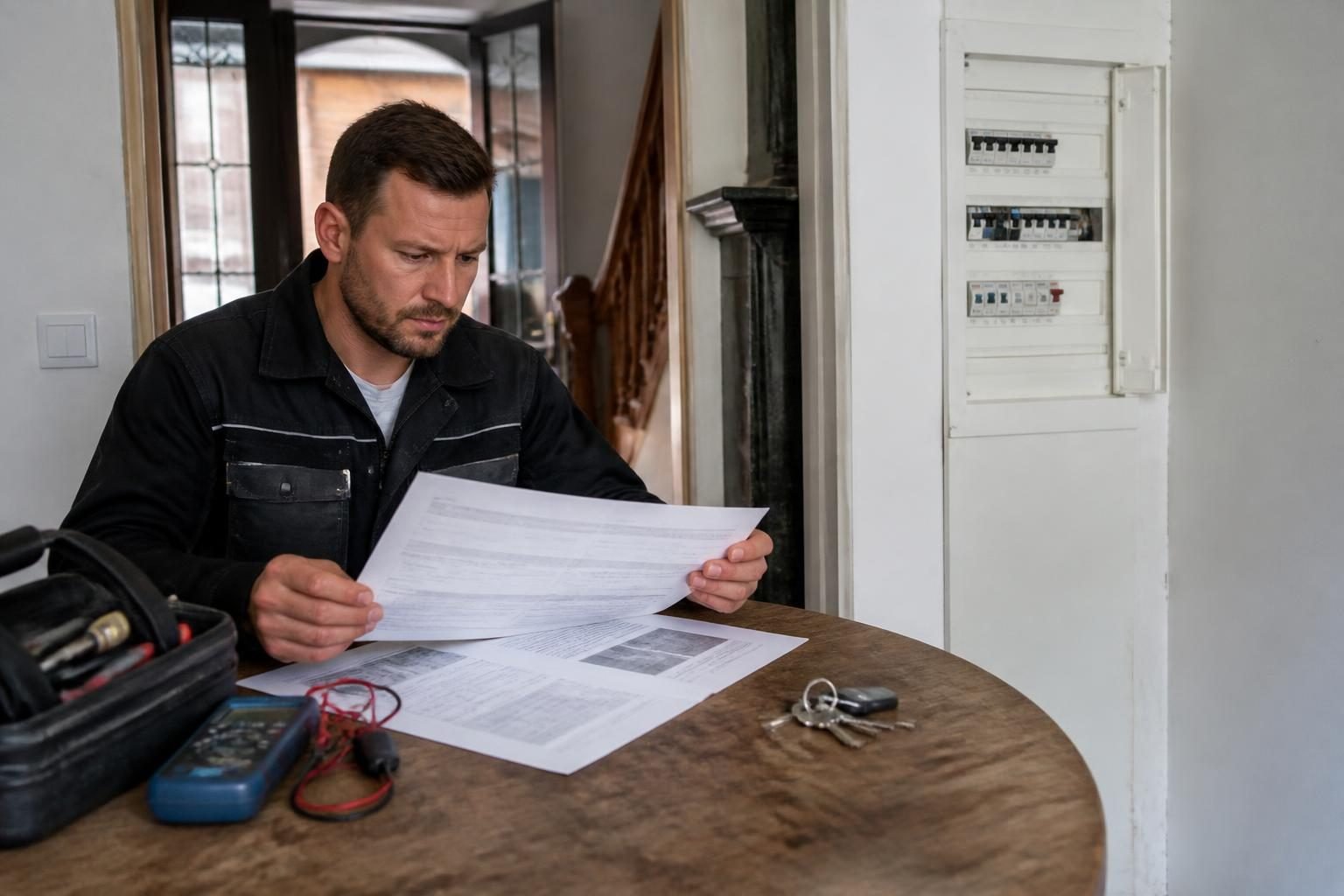 Électricien examinant les documents d’une installation électrique avant l’achat d’une maison à Bruxelles