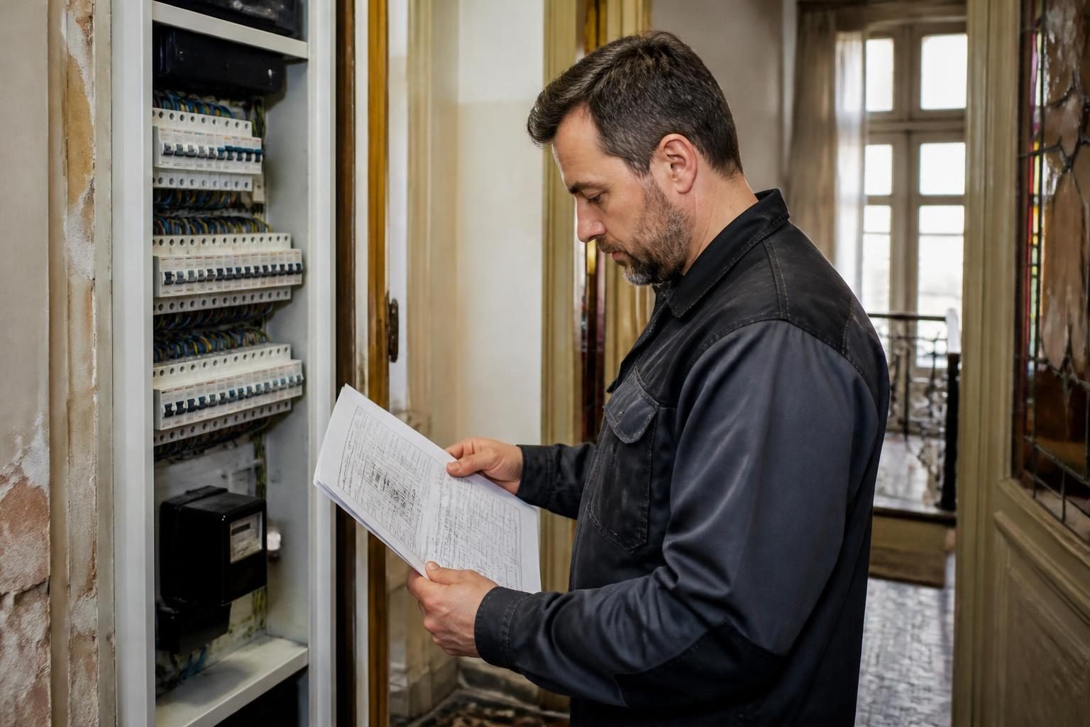 Électricien analysant un rapport de contrôle électrique près du tableau d’une maison bruxelloise