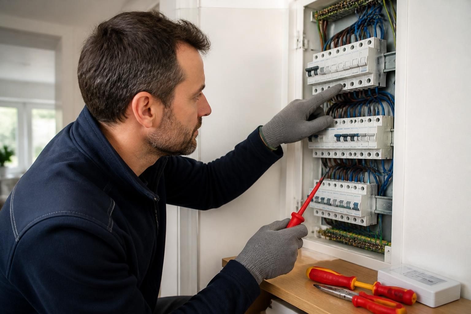 Électricien examinant un tableau électrique résidentiel avec différentiel général et protections différentielles en aval