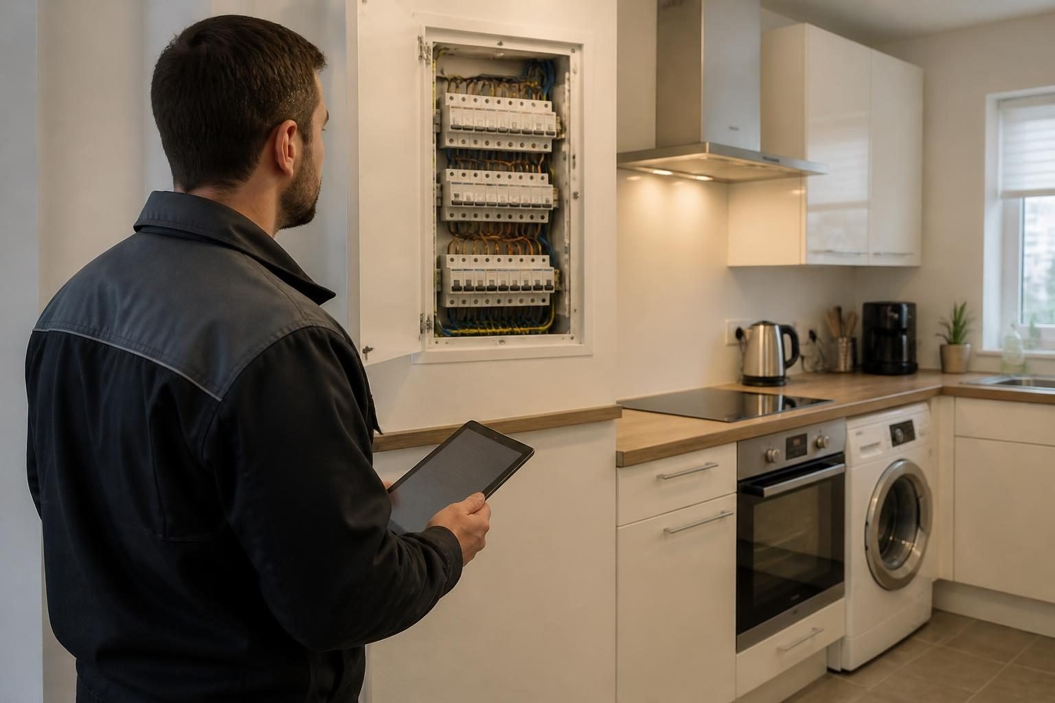 Électricien évaluant une possible surcharge électrique dans une cuisine belge équipée