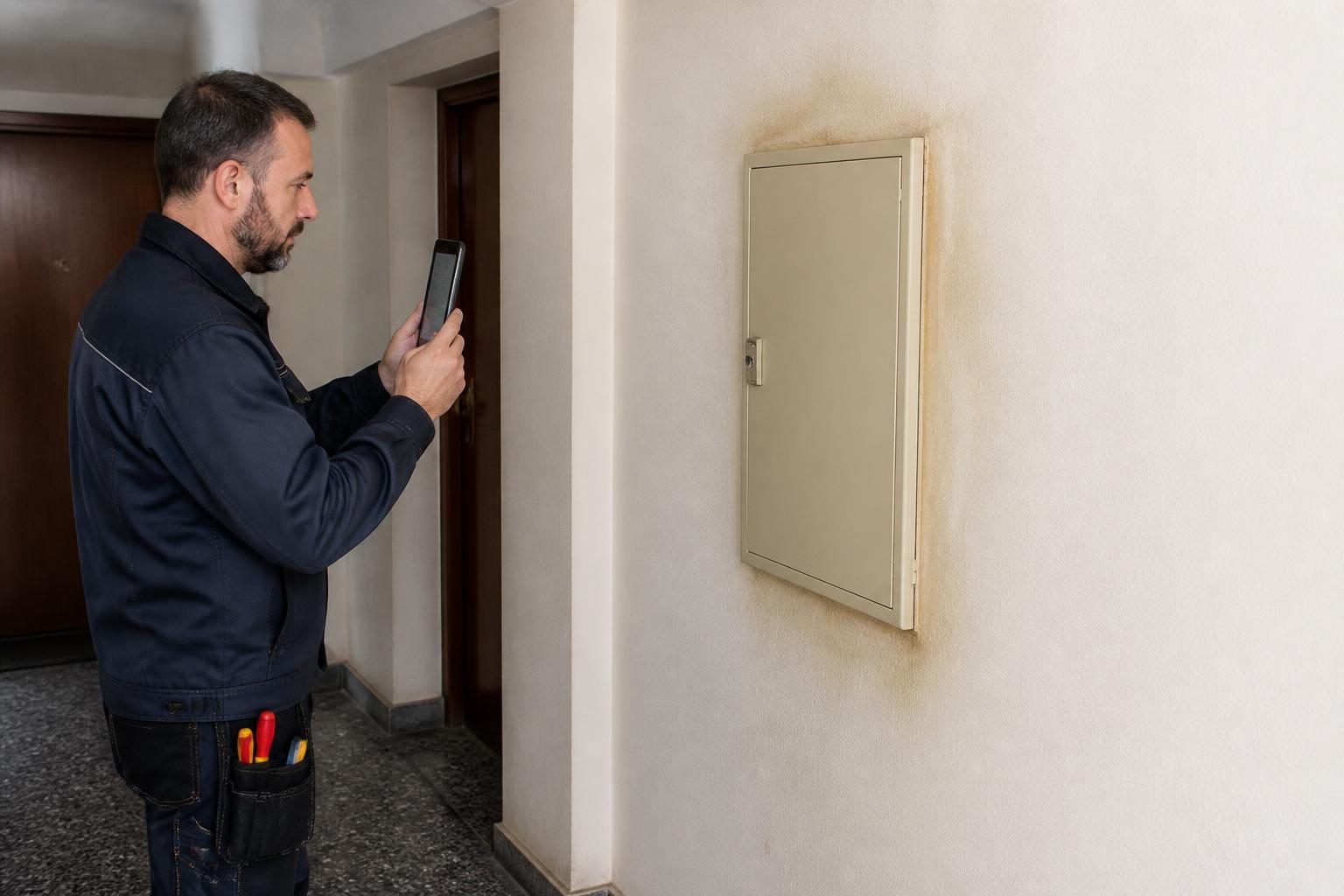 Tableau électrique résidentiel inspecté avec prudence dans un logement en Belgique