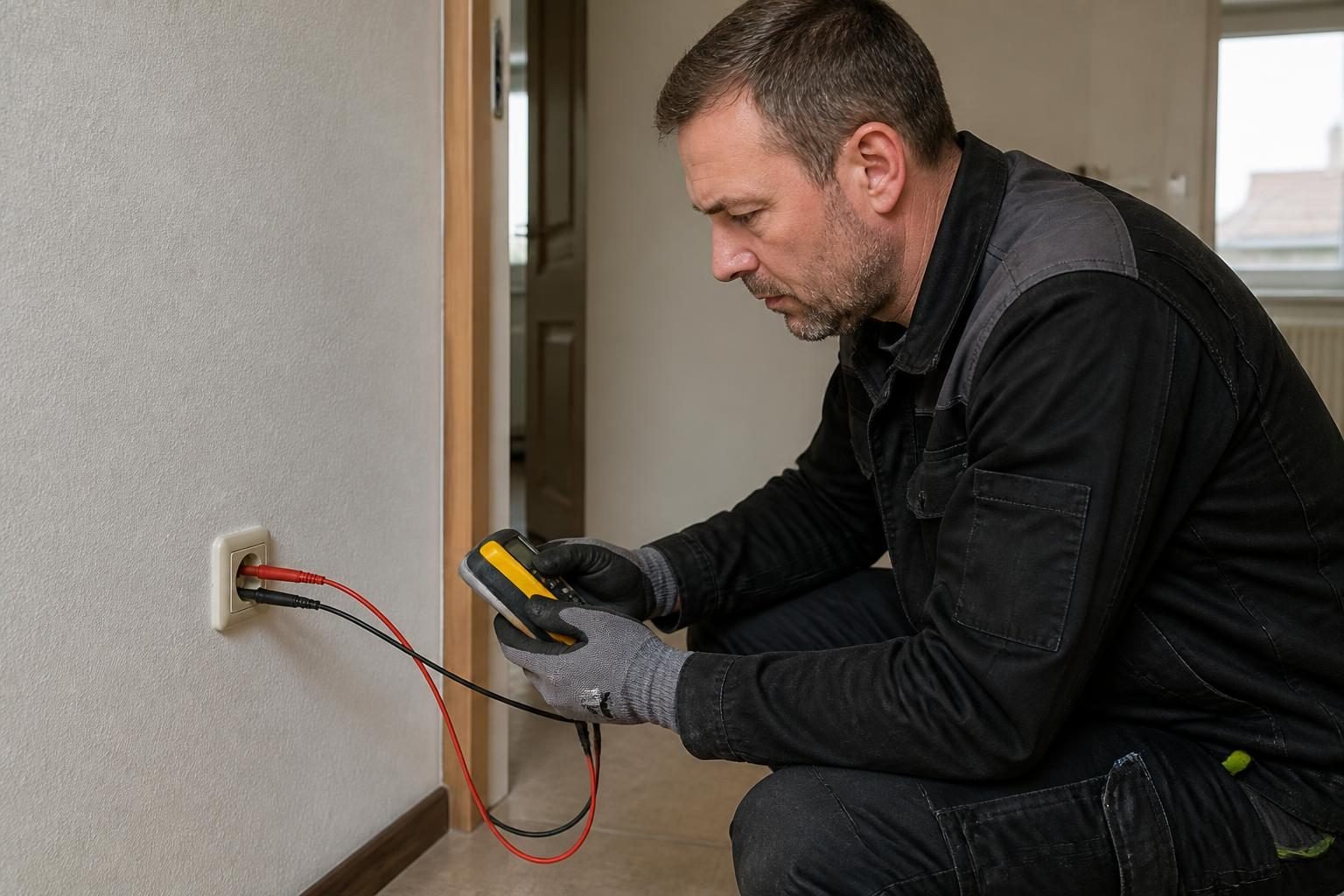 Électricien vérifiant la présence de la terre sur une prise dans un logement ancien en Belgique