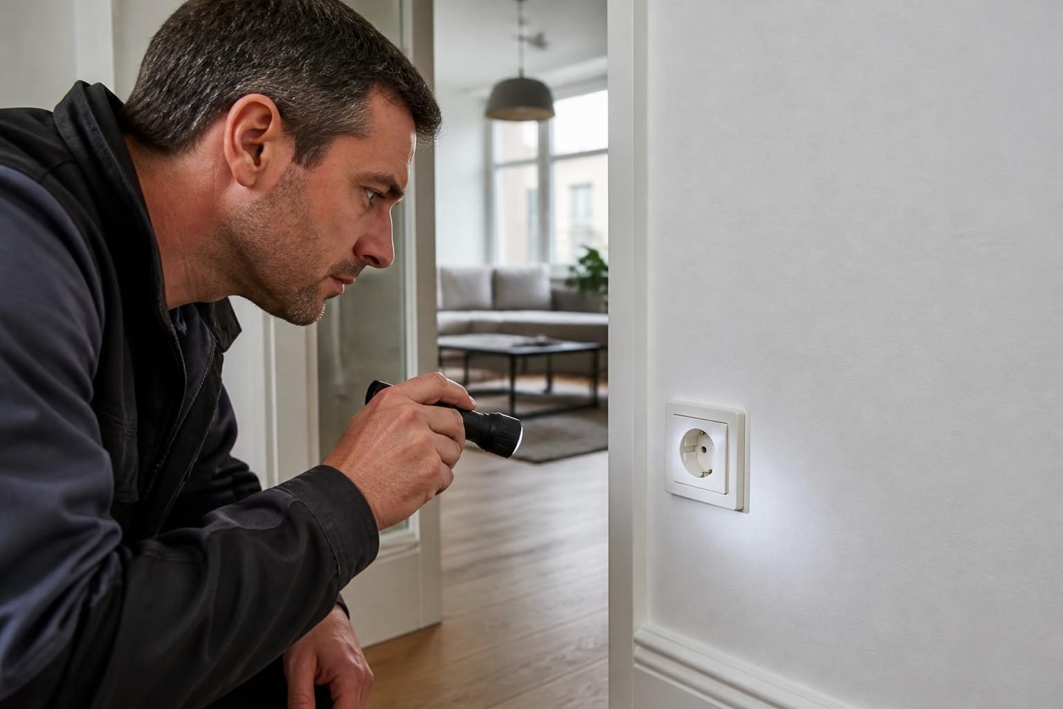 Électricien inspectant visuellement une prise électrique avec contact de terre dans un logement à Bruxelles
