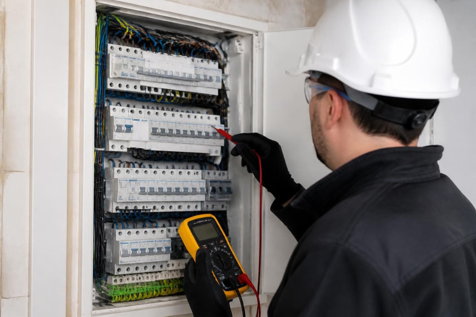 Inspection professionnelle d’un tableau électrique domestique avec appareil de mesure
