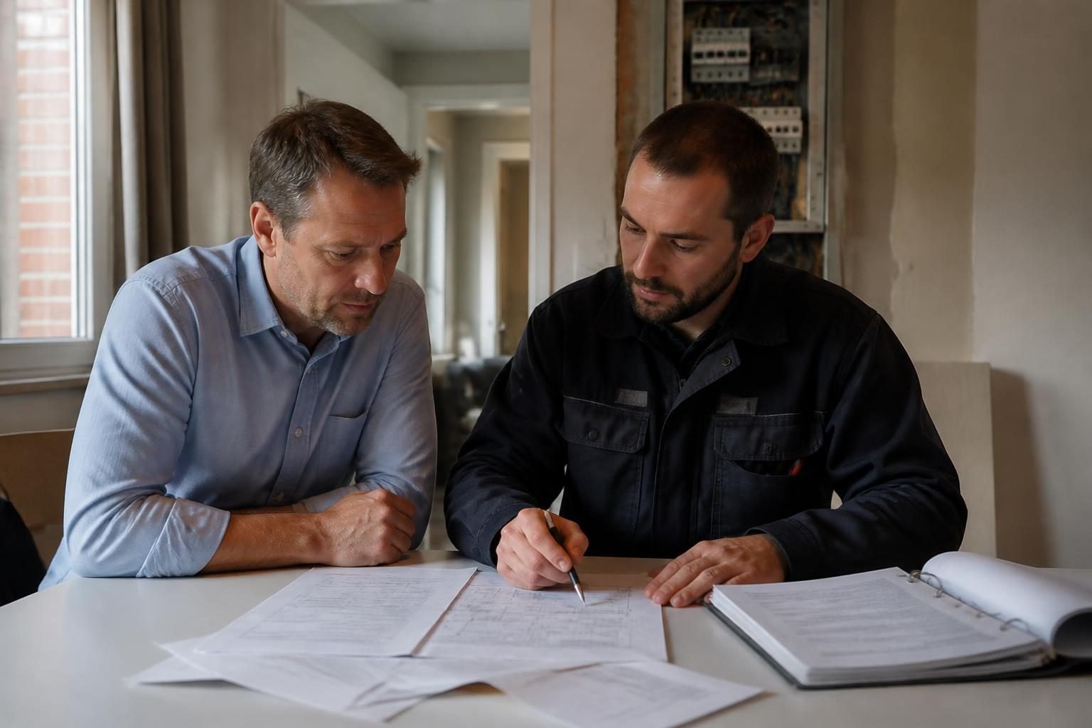 Propriétaire et électricien examinant les documents nécessaires au contrôle électrique