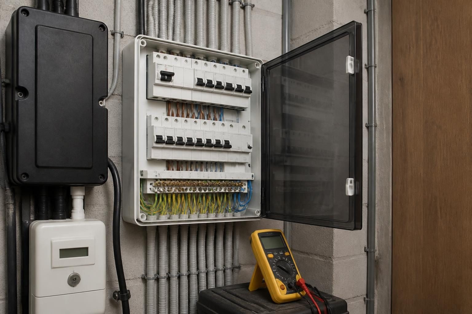 Tableau électrique d’une maison ancienne en cours d’évaluation par un professionnel