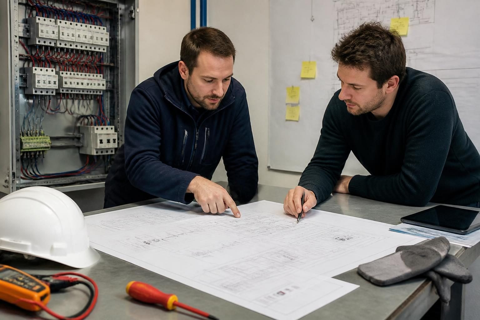 Professionnels analysant les schémas de mise à la terre en courant continu TN TT et IT