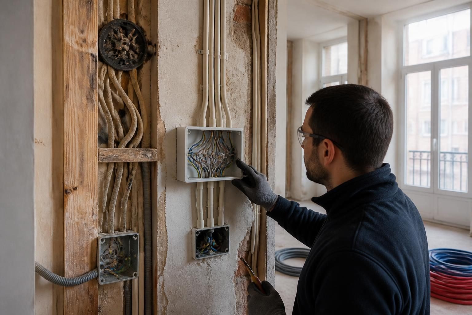 Contrôle des câbles, raccordements et circuits d’une installation électrique ancienne en rénovation belge.