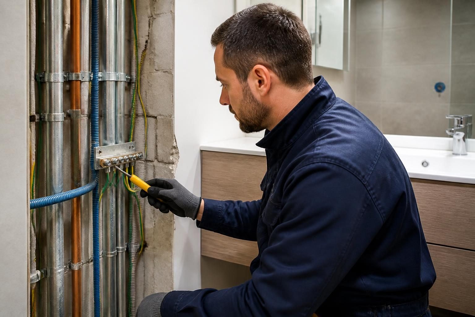 Vérification des liaisons équipotentielles dans une salle de bains en rénovation à Bruxelles},{